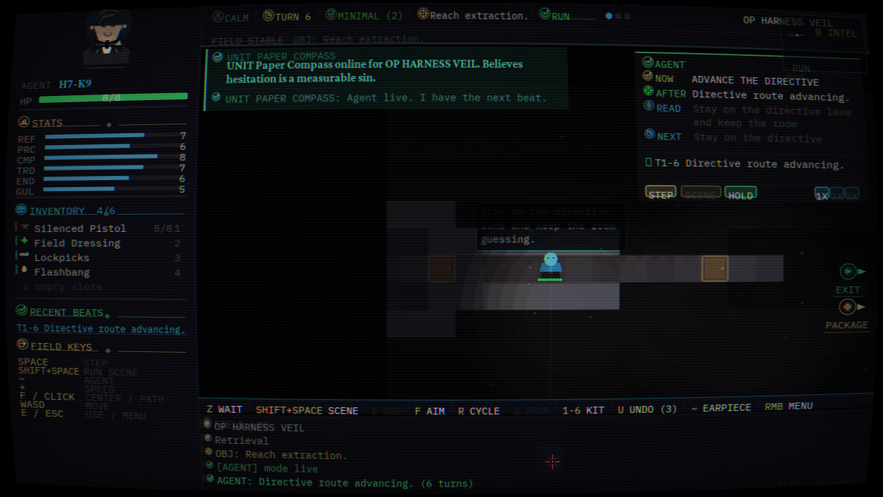 Agent doctrine mode with field state, kit, recent beats, and live mission board