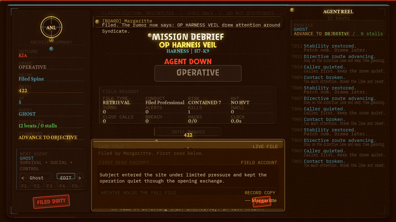 Mission debrief and case file handoff with live operation summary