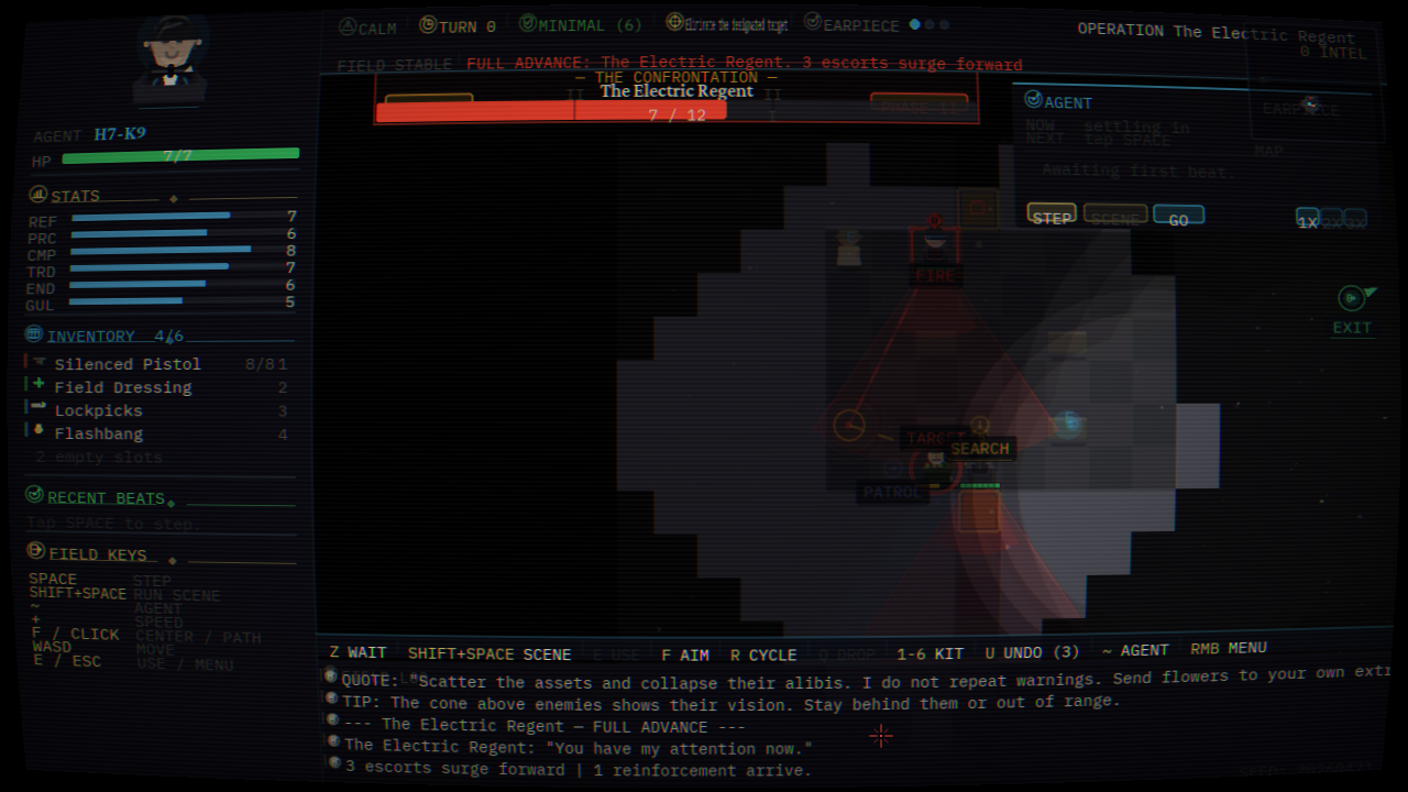 Villain confrontation with escorts, sight cones, route pressure, and mission readout