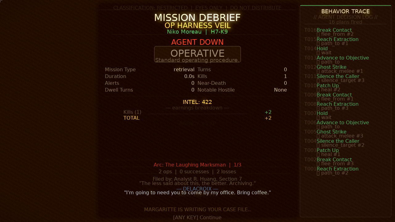 Mission debrief screen with behavior trace and agent status