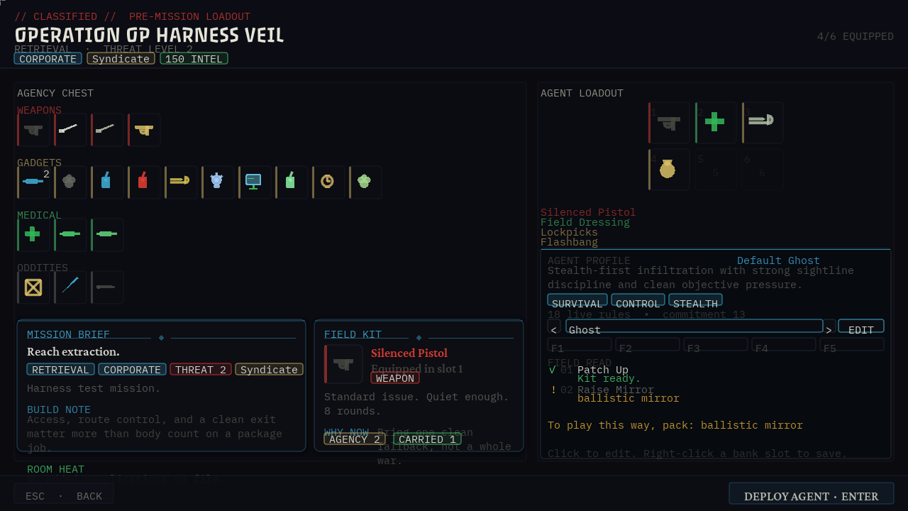 Pre-mission loadout screen with agency chest, mission brief, field kit, and agent profile