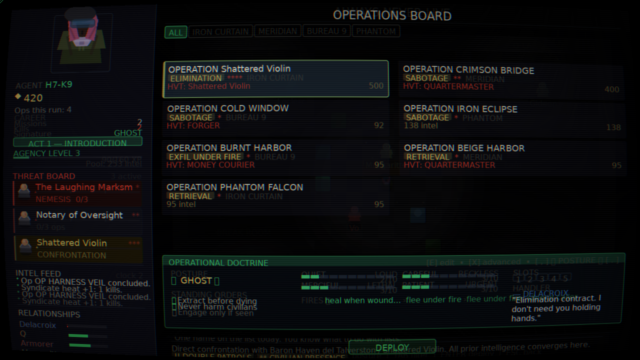 HQ operations board with threat feed and doctrine preview