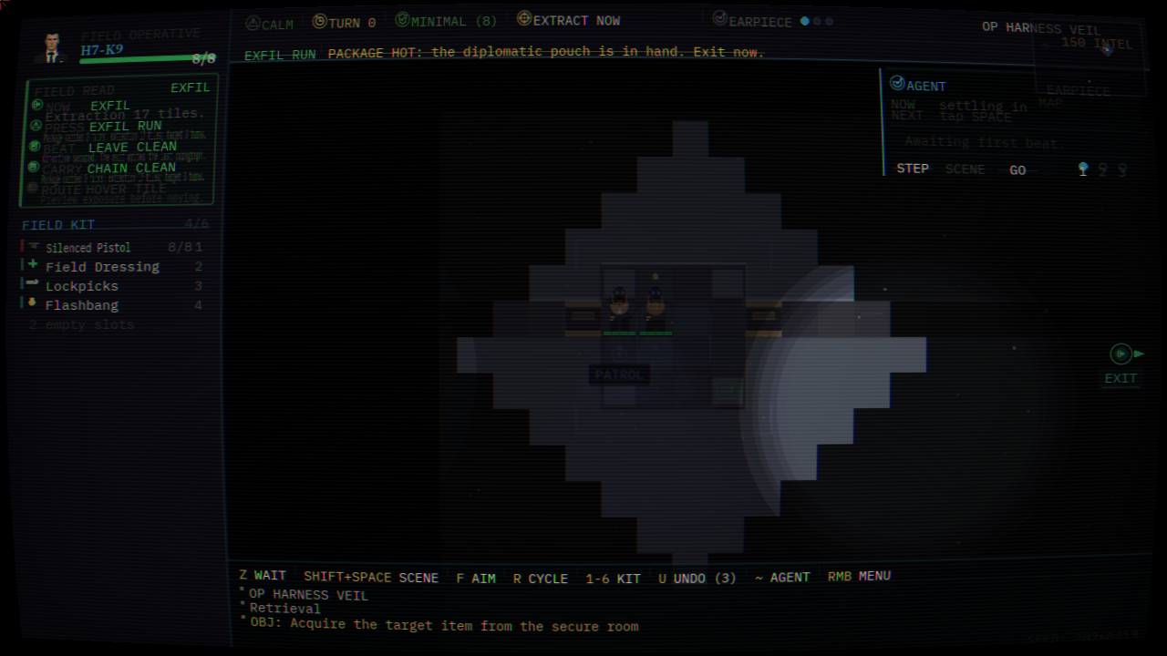 Retrieval mission with live package objective, patrol pressure, and operation log